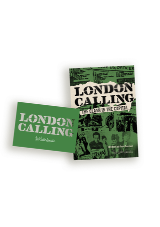 Cover of London Calling: The Clash In The Capital shown with its accompanying green branded card reading 'London Calling, Herb Lester Associates'.