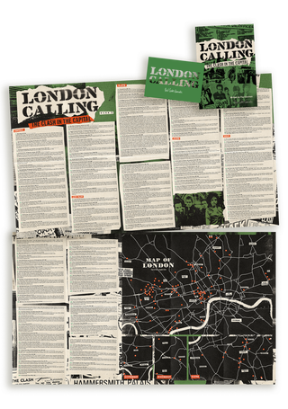 Overview of London Calling: The Clash In The Capital, showing the cover, a green branded card, and the unfolded guide with text spreads listing locations by area (Central, North, City/East, South, West) alongside a black and red fold-out map of London marked with numbered red dots.