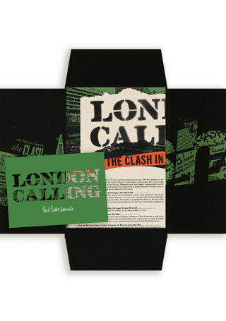 Packaging for London Calling: The Clash In The Capital, showing a black envelope printed with green punk-flyer graphics, with the guide's torn-paper style cover and a green branded card reading 'London Calling, Herb Lester Associates' laid on top.