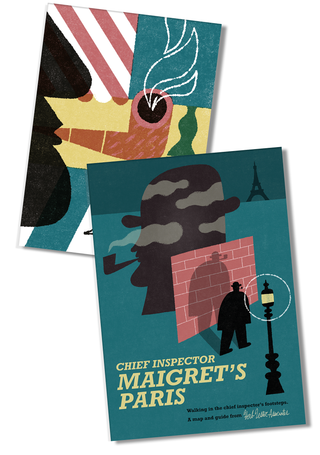 Cover of Chief Inspector Maigret's Paris shown with a postcard of a still-life illustration featuring a pipe, wine glass and bottle in teal, yellow and pink.