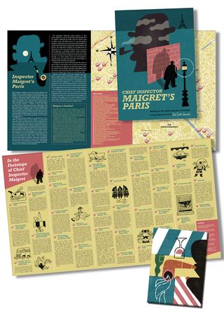 Overview of Chief Inspector Maigret's Paris, showing the guide's cover and postcard, an interior spread titled 'Inspector Maigret's Paris' with a map of the Champs-Élysées area, and a text spread titled 'In the Footsteps of Chief Inspector Maigret' listing numbered locations.