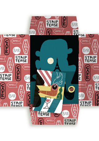 Open pink packaging for Chief Inspector Maigret's Paris, printed with a pattern of Parisian signage reading 'Café', 'Bar', 'Hotel', 'Tabac' and 'Striptease', revealing the guide's cover with the postcard laid on top.