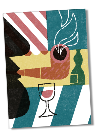 Postcard illustration from Chief Inspector Maigret's Paris, showing a still life of a smoking pipe, a wine glass and a bottle against striped and geometric blocks of teal, yellow, pink and black.