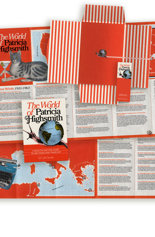 Overview of The World of Patricia Highsmith, showing the guide's cover, red and cream striped packaging, a bookmark, a typewriter illustration, and map and text spreads covering locations including Barnard College, Yaddo and Casa Highsmith in Switzerland.