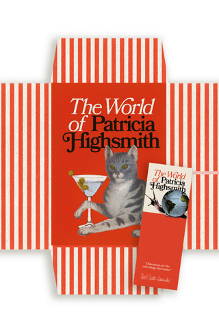 Open red and cream striped packaging for The World of Patricia Highsmith, revealing an inner cover showing a grey cat beside a martini glass, with a bookmark reading 'Obsessions are the only things that matter' laid on top.