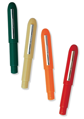 Four Penco bullet pencils shown capped at an angle in dark green, khaki, orange and red.