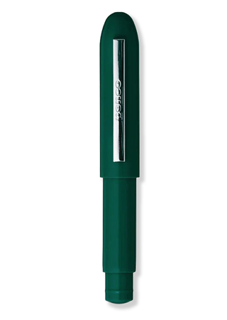 Dark green Penco bullet pencil with its cap on, showing the brand's chrome clip.