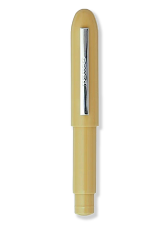 Pale khaki Penco bullet pencil with its cap on, showing the brand's chrome clip.