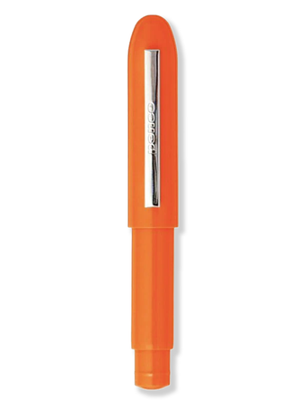 Orange Penco bullet pencil with its cap on, showing the brand's chrome clip.