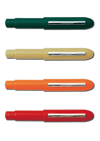 Four Penco bullet pencils shown uncapped side by side in dark green, khaki, orange and red.