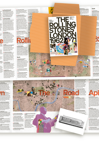 Overview of The Rolling Stones' London 1962-71, showing the guide's cover, orange striped packaging, a harmonica-shaped card reading 'Herb Super Vamper', and interior map spreads of north and central London with numbered locations.
