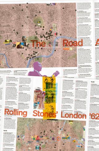nterior spreads from The Rolling Stones' London 1962-71, showing map sections of west and south London with numbered locations, illustrated collage elements, and text entries covering sites including the US Embassy and Marlborough Street Magistrates Court.