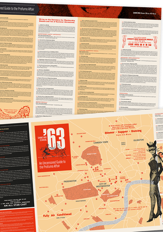 Overview of Shame And Scandal '63, showing text spreads on locations linked to the Profumo affair, the guide's cover, and a map of central London marking numbered sites across areas including Mayfair, Soho and Paddington, with a period illustration of a woman in a cat costume.