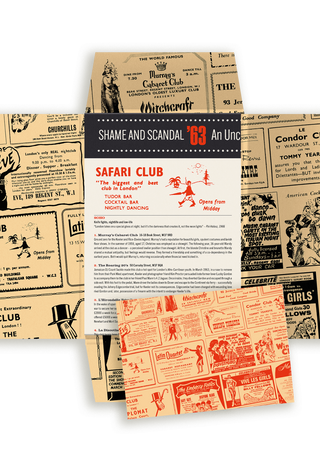 Open tan packaging for Shame And Scandal '63, printed with collaged 1960s Soho nightclub adverts, revealing a text spread on Soho entries including Murray's Cabaret Club and the Safari Club.