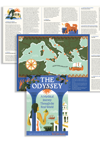 Cover of The Odyssey: A Mythical Journey Through the Real World shown together with two interior spreads, including an illustrated map of the Mediterranean with numbered locations and text spreads covering entries such as Ithaca and the Land of the Cicones.