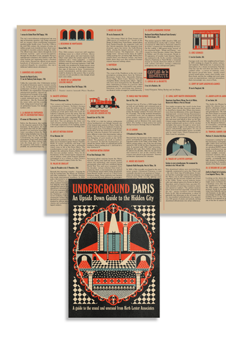 Interior spread from Underground Paris, showing numbered guide entries including the Paris Catacombs, Réservoir de Montsouris, the Panthéon crypt and Cluny-La Sorbonne station, illustrated in the guide's red, black and cream style, shown layered with the guide's cover.