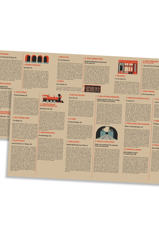 Interior spread from Underground Paris, showing further numbered guide entries including Le Louxor cinema, Musée des Égouts and Traces de la Petite Ceinture, illustrated in the guide's red, black and cream style.