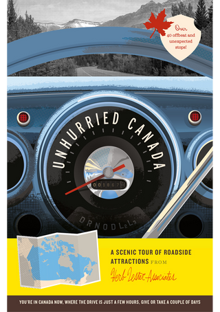 Cover of Unhurried Canada, a scenic tour of roadside attractions from Herb Lester Associates, showing an illustrated vintage car dashboard with a speedometer reading 'Unhurried Canada', a red maple leaf badge and a fold-out map of Canada.