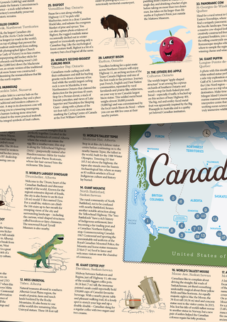 Close-up of an interior spread from Unhurried Canada, showing text entries and illustrations for roadside attractions including a giant bison, the Big Apple, and Panoramic Cow, alongside a map section marking numbered stops across British Columbia, Alberta and Saskatchewan.